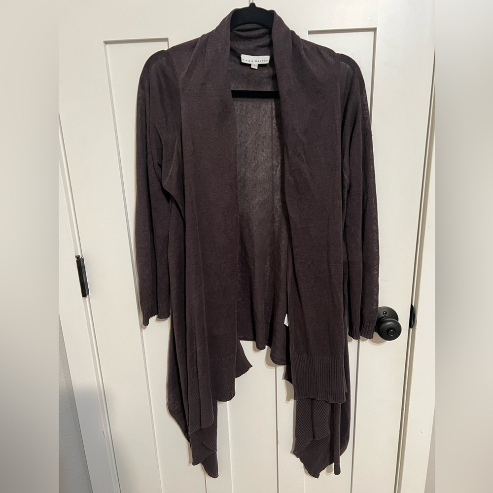 Bryn Walker Linen Open Wrap top tie waist Cardigan Sweater Asymmetrical Brown S